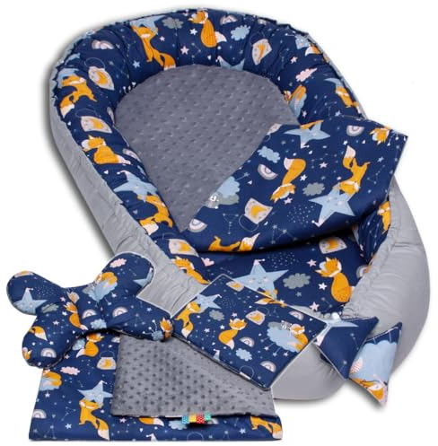 PaLulli 3-TLG Baby Ausstattung-Set Kuschelnest Babynest 95x55cm Baby-Matratze Kuscheldecke Babybett 100% Baumwolle Hypoallergisch Für 0-8 Monate (Graue Foxy)