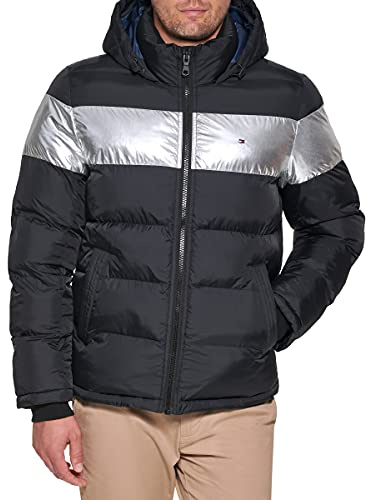 Tommy Hilfiger Down Alternative Hooded Puffer Jacket (Standard and Big & Tall) Manteau Duvet, Rayures Noires et argentées, S Homme