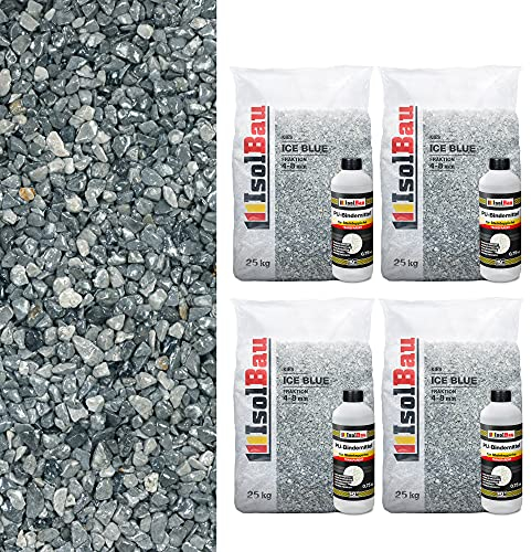 Isolbau Steinteppich Aussen Komplettset Marmorkies 100kg + Bindemittel bis 10m² Ice Blue 4/8mm Epoxidharz, Terassenboden, Natursteinboden Marmorkies Bodenbelag, Steinboden, Marmorstein, Innen Außen