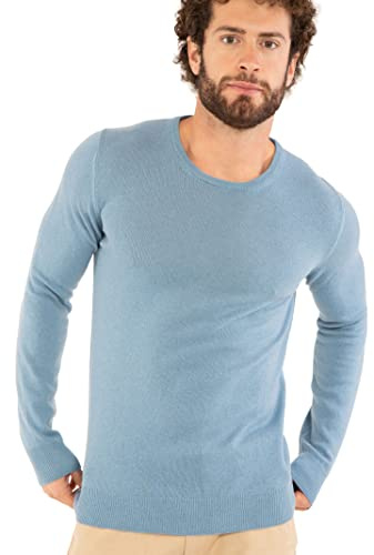 Marine Cashmere - O'Neck tillverkad av 100 % kashmir för män, tröja med rund hals, tillverkad i Italien, Himmelsk, M