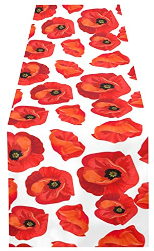 Seamless Floral Red Poppies Summer Floral Pattern on White 13 X 70 Rectangle Table Runner Long Tablecloth Placemat for Party Home Decor Indoor Outdoor Office Kitchen Dining Wedding