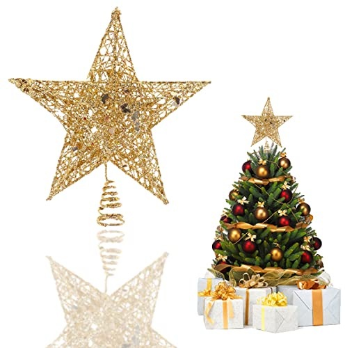 YEAP Estrella Topper del Árbol de Navidad, Adorno de Cinco Puntas para Copa, Decoración Navideña para Hogar, Fiestas, Festivales, Año Nuevo, 20 cm, Dorado