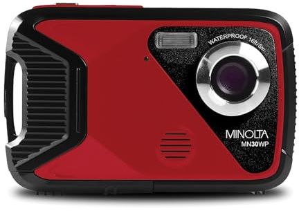 Minolta Waterproof Digital Camera - Underwater 16ft, 21MP Photos, 1080p HD Video, 2.8” LCD, 4X Digital Zoom, Anti-Shake, Face Detection, Smile Capture, Scene Modes, 16GB Memory Card (Red)