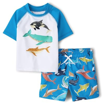 The Children's Place Baby Boys and Toddler Short Sleeve Rashguard Bottoms Rash Guard Set, Coastal, 18-24 Months US