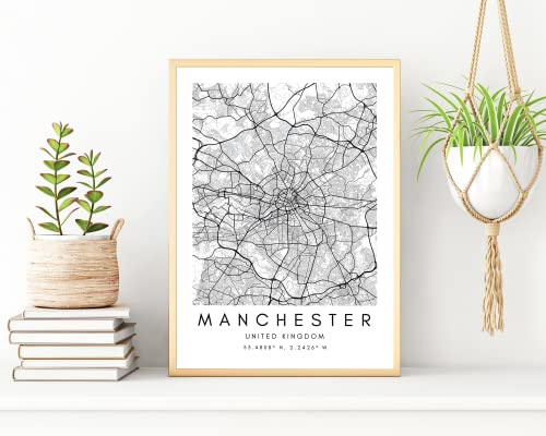 State Media Vision Póster minimalista de mapa de la ciudad de Manchester, pósteres de coordenadas de la ciudad, decoración de sala de estar y dormitorio (ciudades del Reino Unido) (Manchester, A3 (42