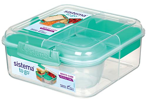 Sistema Bento Box TO GO Brotdose mit Fächern | 1,25 L Lunchbox mit Joghurt-/Fruchtbehälter | Lunchbox Kinder & Erwachsene | Blaugrün
