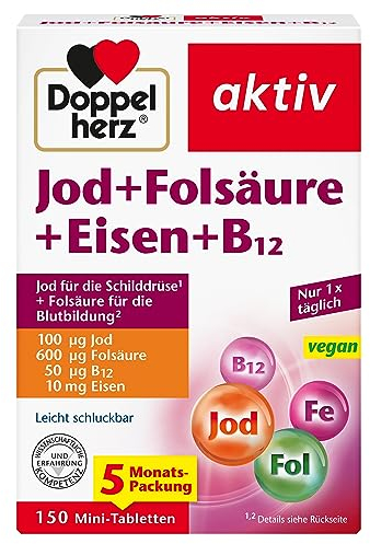 Doppelherz Jod + Folsäure + Eisen + B12 - Mit Folsäure als Beitrag für die normale Blutbildung – 150 vegane Mini-Tabletten