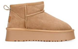 BOSANOVA Bottines de neige en croûte de cuir avec tige basse de 8 cm, détail de logo, doublure en fourrure et semelle plateforme de 4,5 cm. Sans fermeture. Chaussures pour femme, Cuir, 36 EU