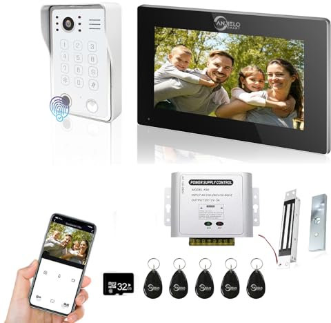 Interphone vidéo avec écran tactile de 7 pouces avec système de sonnette filaire 1080P, prise en charge d'empreintes digitales, carte RFID, mot de passe, avec serrure électromagnétique Blanc