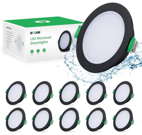 Bojim Einbaustrahler LED Schwarz IP65, LED Spot 230V, Warmweiß 2700K, 68mm - 80mm lochmass, 5W, Flach 35mm, Deckenspots Einbauleuchten Für Das Wohnzimmer Badezimmer Küche Feuchtraum, 10er