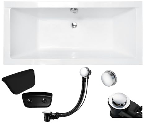 KOLMAN Badewanne Rechteck Wanne Bad Acryl Weiß Exclusive Modern Quadro 170x75 + Badewannekissen KODI Schwarz + Ablaufgarniture & Füße