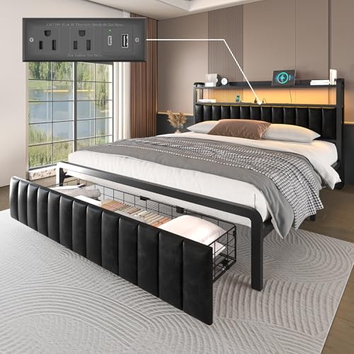 LoVinson Queen Bed Frame with 2-Tier Storage Headboard, Metal Platform Bed Frame with Leather Storage Drawers, Built in Charging Station & LED Light, PU Leather, Non-Slip, Easy to Assemble, Black