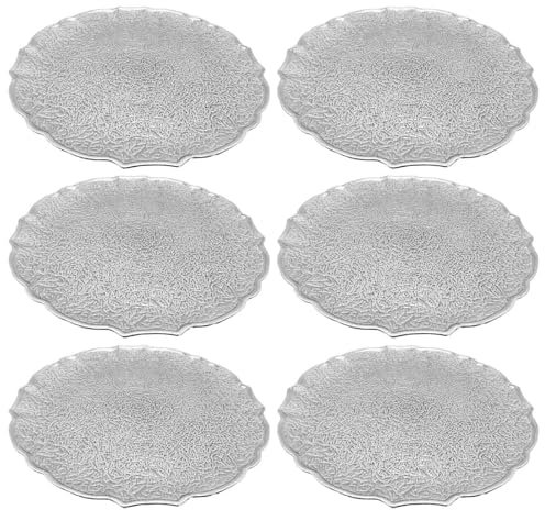 Acan Tradineur - Lot de 6 assiettes rondes réutilisables en plastique, modèle Eri, Assiette plate décorative, plateau de présentation de bonbons, Noël, nougat, gâteaux (argent - Ø 33 cm)
