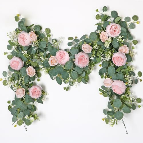 SOMYTING 2Pcs 13.1FT Artificial Eucalyptus Flower Garland with Fake Rose Flower Vine Seeded Eucalyptus Leaves Greenery Garland for Wedding Table Backdrop Party Centerpiece Room Decor（Light pink）