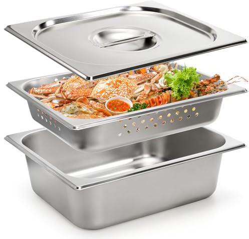 Kingrol 3 Pack 1/2 Steam Table Pan, 4 Inch Deep Half Size Stainless Steel Hotel Pans with Lid, Perforated Steam Pan, Chafing Pans for Buffets, Catering, and Commercial Kitchens