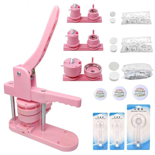 25+32+58 mm Button Maker Maschine, Push-Pull DIY Presse Abzeichen mit 300 Knöpfen & 3 Kreisschneider, Buttonmaschine für DIY Geschenke Pin Maker, Rosa