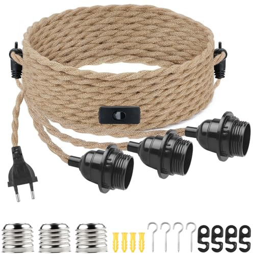 BlueXP Douille E27 Vintage avec Interrupteur et Prise Câble en Chanvre 9,36 m 3 Voies pour Suspension DIY Lustre Lampe de Plafond Lampadaire Rétro