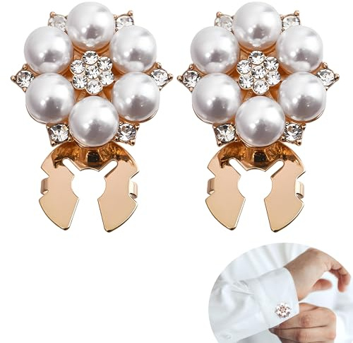 2PCS Pearl Rhinestone Cufflinks, Elegant Button Covers Clip On, Pearl Flower Button Covers for Women, Detachable Shirt Buttons Clips, Rhinestone Buttons Embellishments for Shirt Cuffs and Accessories