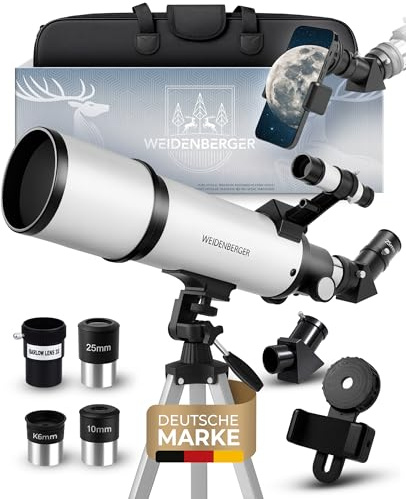 Weidenberger Teleskop 60800 – Refraktor-Fernrohr, 60 mm Öffnung, 800 mm Brennweite mit 3 Okularen + 3× Barlow-Linse, Sucherfernrohr, Stativ & Handy-Adapter – für Erwachsene & Einsteiger