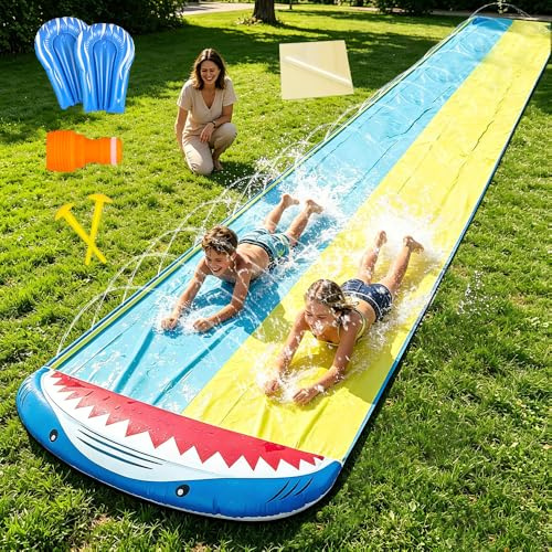 LYPPUL Tobogán De Agua, 480 X 140 Cm Tobogán De Césped De Doble con 2 Tablas Inflables, Tobogá Acuático con Rociador Incorporado, para Fiestas De Verano, Jardín, Acuáticos Al Aire Libre(Giallo BLU)