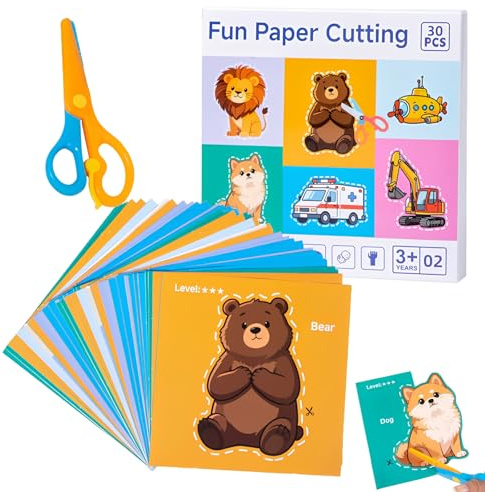 NiceNaiils Set Taglio Carta per Bambini, Forbici Sicurezza + 30 Fogli, Attività Didattica Creativa per Asilo e Scuola Materna, Giocattolo Educativo(B)