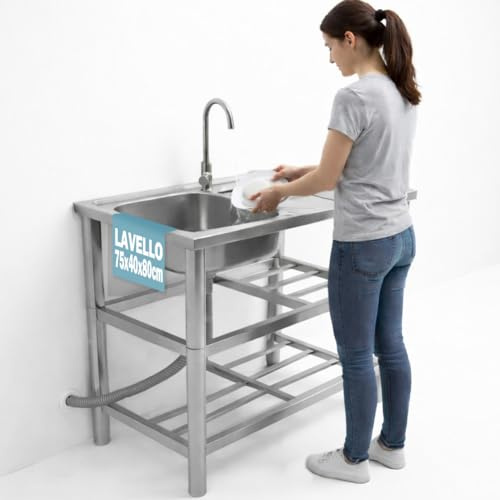 BAKAJI Lavello in Acciaio Inox con Rubinetteria Completa e Kit Sifone Ideale per Esterno, Patio, Giardino, Cucina in Balcone e Veranda, Lavandino con Ripiani Portaoggetti e Accessori, 75 x 40 x 80 cm