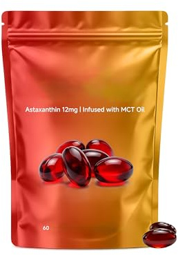 Astaxantina 12 mg| con aceite MCT | Fuente de microalgas frescas | Soportes para ojos y piel | Sin OGM, sin gluten (60 unidades),1Pcs