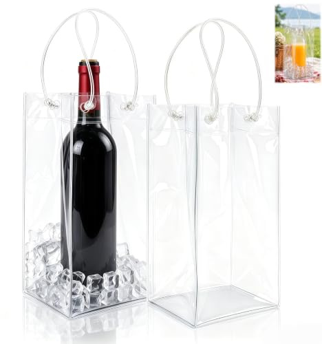 2 Piezas Bolsa de Hielo Transparente 11x11x25cm, Enfriador de PVC para Botella de Vino Cerveza, Anti-Fugas con Asa
