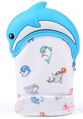 Teething Mittens for Babies, Teether Mitts BPA Free, Baby Teething Glove, Comforting Teething Toy 3 to 12 Month Dolphin (Blue)