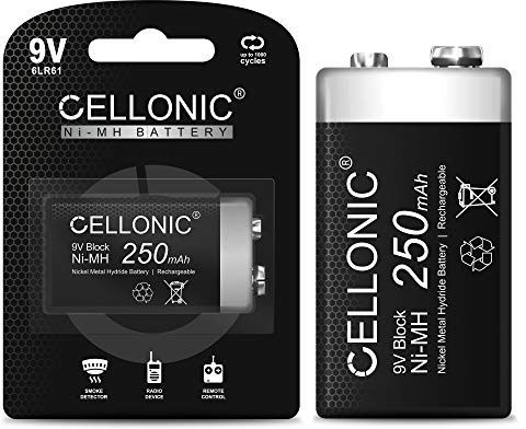 CELLONIC Pila 9V 250mAh Recargable Batería Recargable 9V - Pila de 9 voltios con Gran Capacidad y Larga duración - 1x 9V / E Block / 6F22 / 6LR61 / AM-61 - Bateria NiMH de 9 voltios