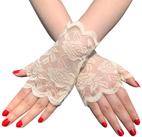 Seeksmile Women Sunblock Short Lace Half Fingerless Gloves Fancy Wrist Length Bridal Wedding Events Party Glove (One Size, Skin)