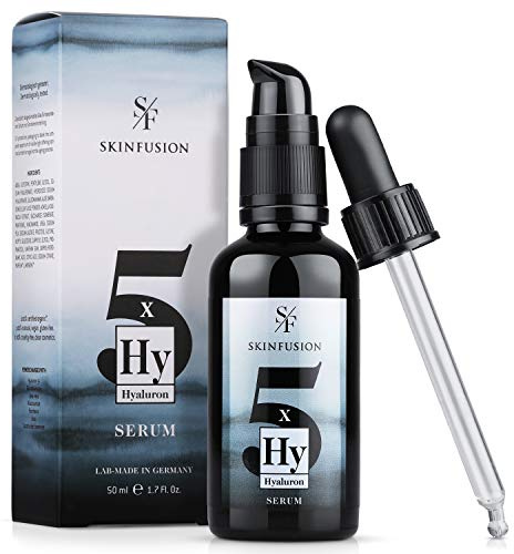 SKINFUSION 5-Fach Bio Hyaluron Serum hochdosiert 50 ml – veganer Multi-Hyaluronsäure-Komplex mit Booster-Wirkstoffen wie Bio-Glucomannan, Aloe, Urea -cleane Feuchtigkeitspflege, gesunde Haut