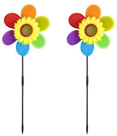 Relaxdays Windrad Blume, 2er Set, Deko Gartenstecker für Balkon, Terrasse & Garten, HBT 71 x 27 x 8 cm, Regenbogen, bunt
