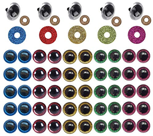 QIUUE Sicherheitsaugen mit Pailletten, Sicherheitsaugen aus Kunststoff mit Unterlegscheiben, Sicherheitsaugen, Puppenaugen aus Kunststoff, 20 mm, für DIY-Plüschpuppen (50 Stück)