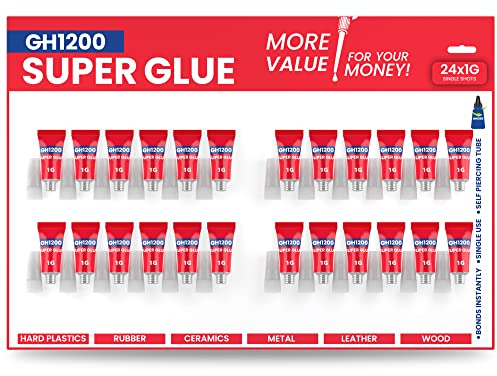 GH1200 1g x 24 Superglue with Anticlog Cap - Super Glue All Purpose Superfast, Thick & Strong Glue for Hard Plastics, DIY Craft, Ceramics, Frame, Leather, Metal and Many More