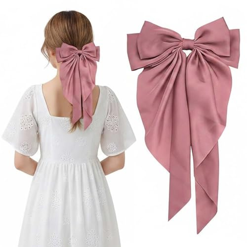 LECTNORE Pink Hair Bow - Large Bowknot Hair Clip for Women, Satin Silky Ribbons with Long Tail, French Barrette Hair Accessory for Girls Ponytail Holder