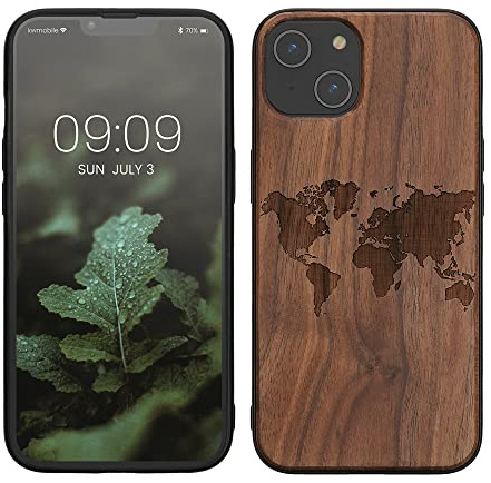 kwmobile Hülle kompatibel mit Apple iPhone 14 Hülle - Holz Case - Handy Cover - TPU Handyhülle in Dunkelbraun Travel Umriss