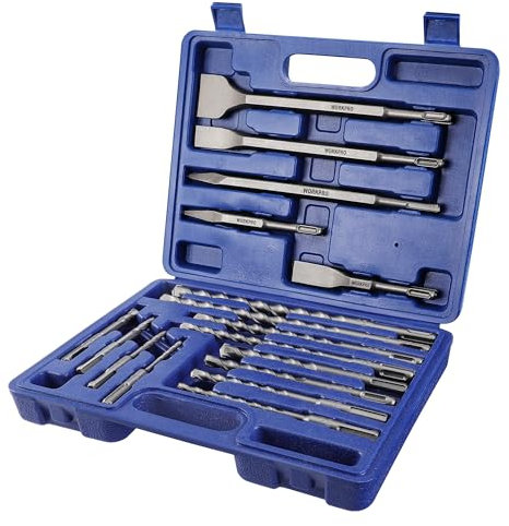 WORKPRO Juego de Brocas y Cinceles SDS Plus de 17 Piezas, Accesorios para Taladros de Martillo, con Estuche de Almacenamiento, para Concreto, Azulejos, Ladrillos, Cemento, Piedra y Mampostería