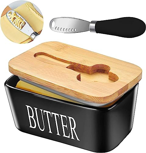 Ceramic Butter Dish with Wooden Lid & Stainless Steel Knife, Airtight Butter Keeper for Counter or Fridge, Double Silicone