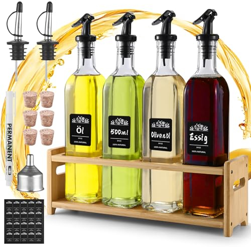 elagel Essig Und ÖLflaschen Set(4 * 500ml), ÖL Und Essigspender Mit Holzständer, Ölflasche mit Ausgießer, Spenderflasche, Oil Bottle mit Etikett Und Korken