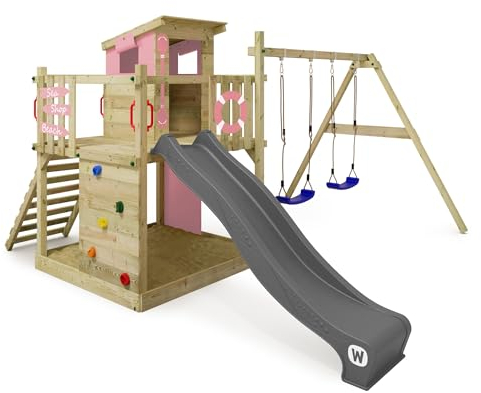 Gioco da giardino WICKEY Smart Camp con altalena e scivolo, struttura da esterno per bambini con sabbiera, scaletta e accessori da gioco - rosa pastello