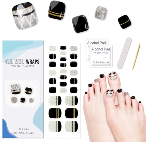 Ceboic UV Fußnägel Nagelfolie Selbstklebende, 26PCS Französische Schwarz Fußnagel Sticker Pediküre Wraps Gel Nagellack Aufkleber, Langanhaltende Wasserdicht Nagellack Streifen für Frauen und Mädchen