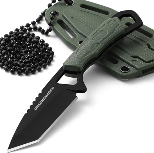 DRACHENADER Neck knife klein tanto mini Neck Knife Messer Outdoor Messer feststehendes mit ABS Kunststoffscheide, Schwarze Klinge + Grüner Griff