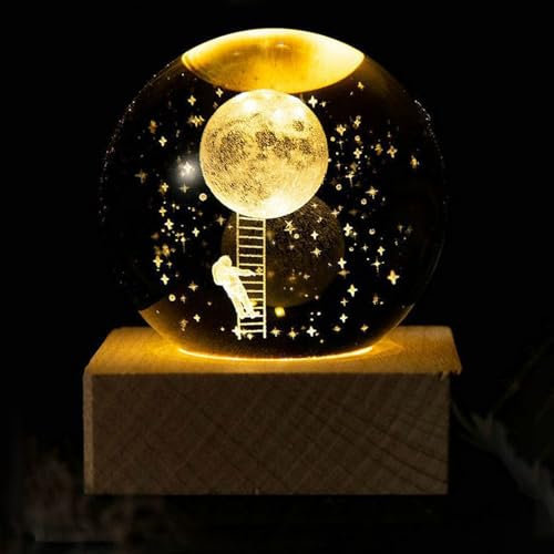 Kytpyi Luce Notturna, Lampada Luna, Inciso in 3D Luce Notturna Bambini Adulto con LED 1 Base in Legno 1 Confezione Regalo, Sfera Di Cristallo Creativo Trasparente per Regalo Decorazione (Astronauta)