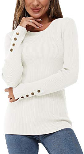 VOTEPRETTY Jumpers for Women UK Ladies Long Sleeve Knitted Jumper Crewneck Ribbed Sweater(Beige,M)