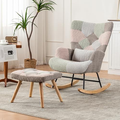 SUKY mecedora cómoda y colorida (49 x 38 x 37 cm, 93 cm de alto, asiento 43 cm, 1 reposapiés y 1 cojín lumbar, madera de caucho resistente, diseño multicolor)