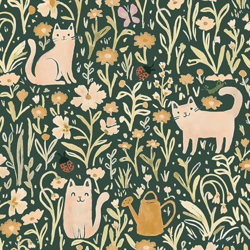 CiCiwind Peel and Stick Wallpaper Green Floral Contact Paper 41CM×10M Self Adhesive Wallpaper Yellow Flower Cats Stick on Wallpaper Removable Wall Furniture Covering Vinyl Wrap