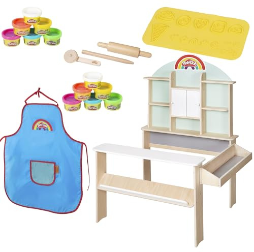 roba x Play-Doh Marché pour Enfants - Set de Jeu en Bois Certifié FSC avec 12 Pots de Pâte à Modeler, 3 Outils en Bois, Tablier et Tapis Créatif 3D - Éducatif et Ludique - Dès 3 Ans