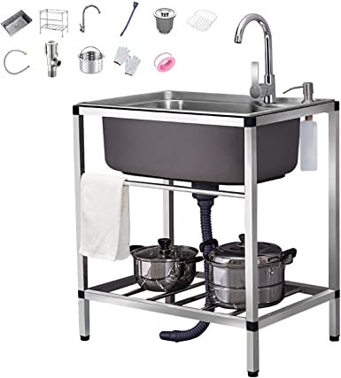 Évier de jardin extérieur en acier inoxydable 304 avec robinets et tuyau de vidange Évier de cuisine portable à cuve unique pour la maison, le bar ou une utilisation commerciale