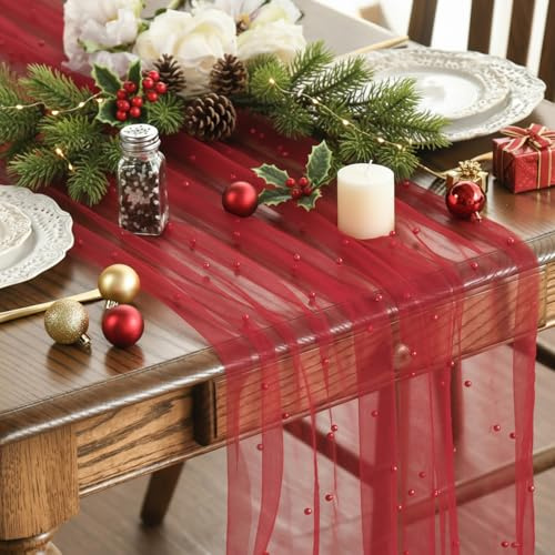 Artoid Mode Runner da tavola in garza con perle rosse, 70 x 300 cm, decorazione da tavolo da cucina, in, per vacanze, matrimoni, compleanni, feste